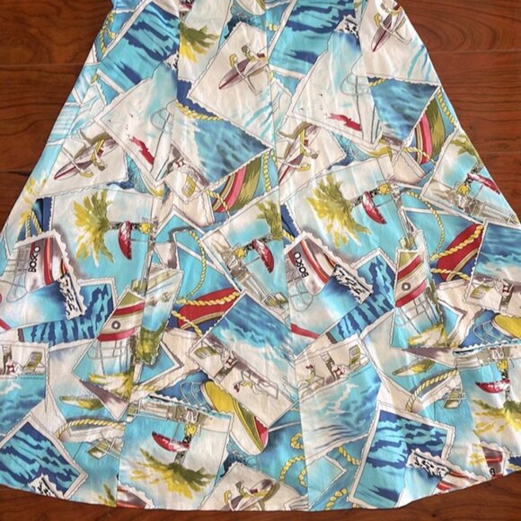 Depeche Mode White and Blue Sleeveless Vacation Palm Tree Boat Summer Dress - Picture 10 of 12